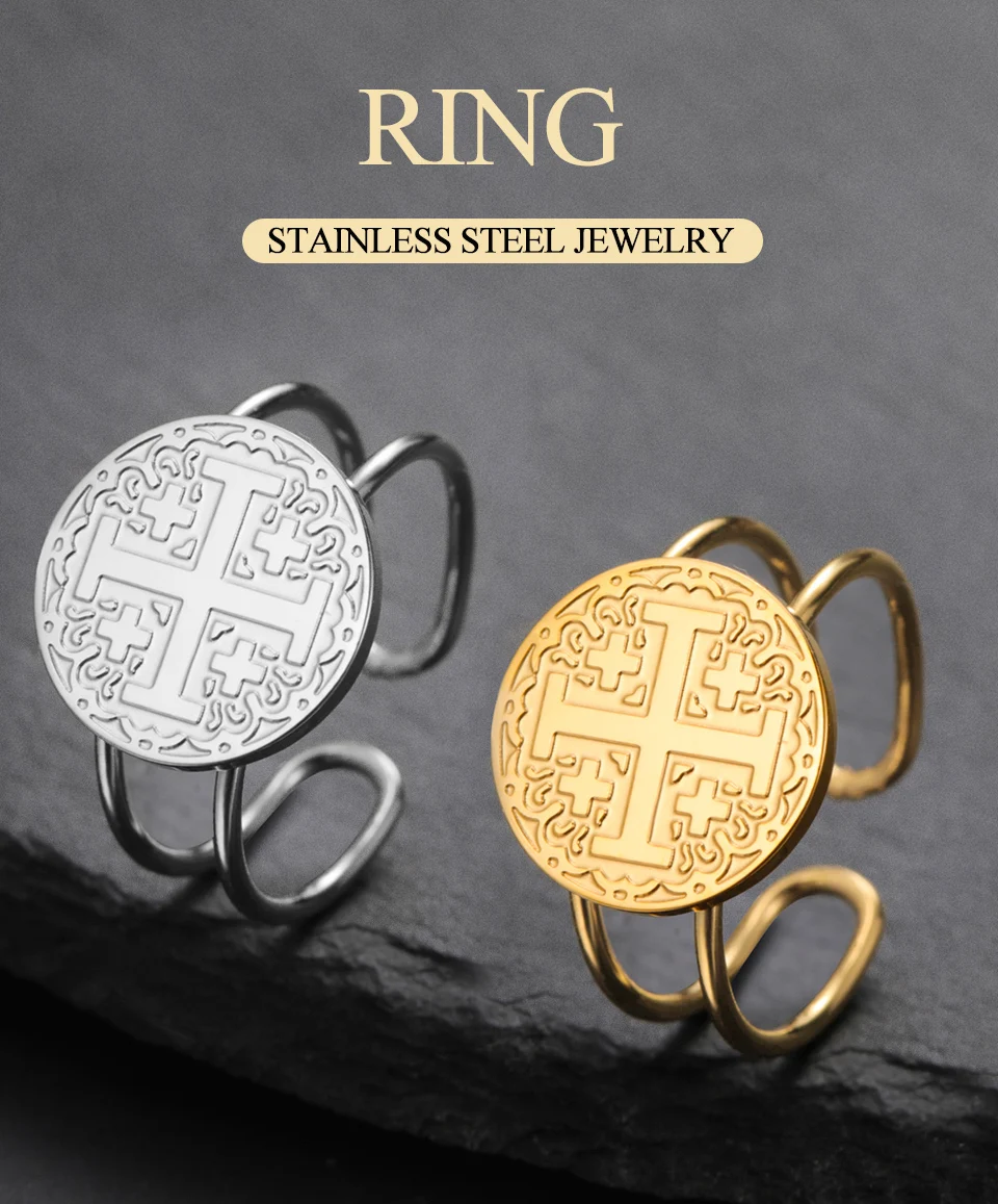 Dawapara Jerusalem Kreuzringe, verstellbar, religiöser Fingerring, Christen, Segen, Edelstahl, Schmuck, Jahrestagsgeschenk – Detail 1