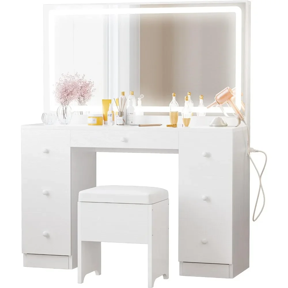 

Vanity Desk Set with LED Lighted Mirror & Power Outlet, 7 Drawers Makeup Vanities Dressing Table Stool, for Bedroom, White