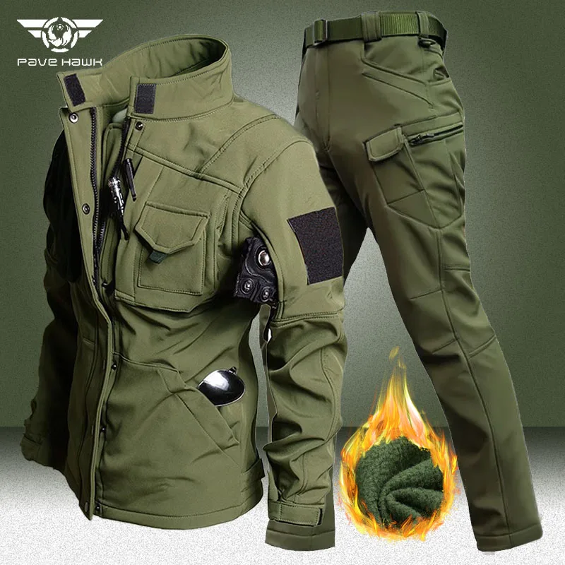 

Military Fleece Warm Sets Men Multi-pocket Waterproof Jackets+Army Windproof Combat Pants 2 Pcs Suits Soft Shell Tactical Set