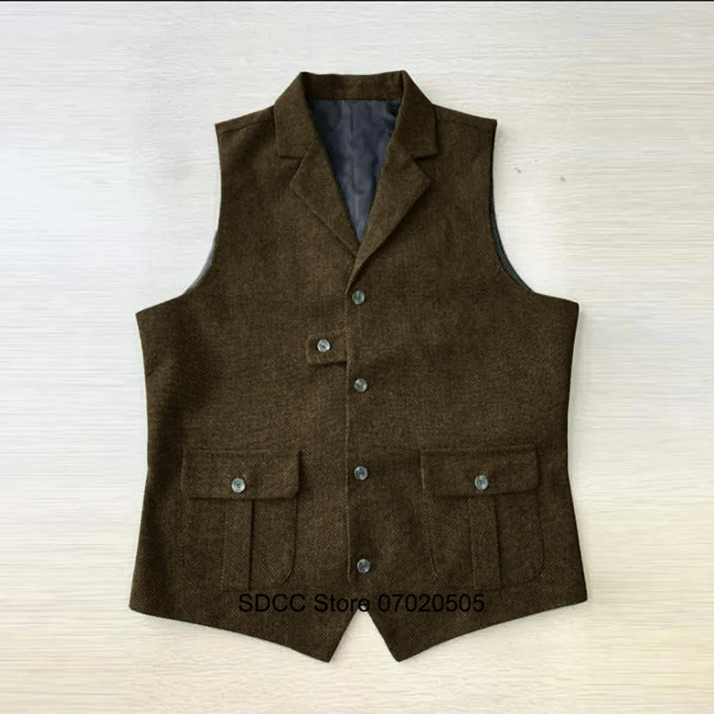 Men's Herringbone Vest, Work Wear, Single-Breasted, V-neck, Wool, Sleeveless Jacket, Winter Padding, Male Coat