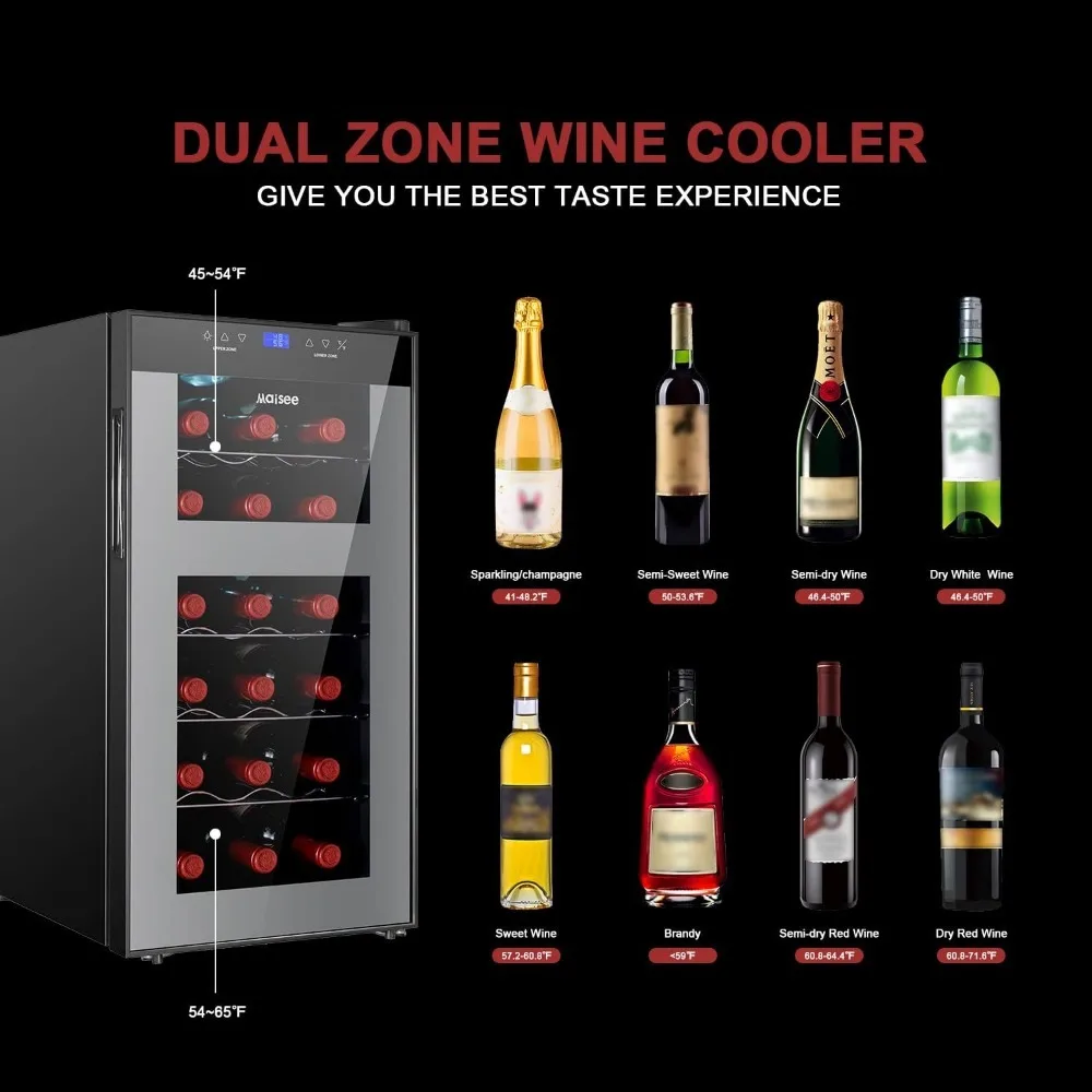 Wine Fridge Dual Zone,18 Bottles Wine Cooler Refrigerator Chiller Upper Zone 46f-54f Lower Zone 54f-65f