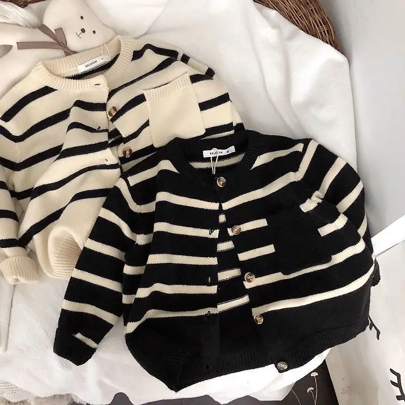 

Korean Children's Clothing Children's Striped Sweater Cardigan for Boys and Girls' Spring and Autumn Knitted Outerwear