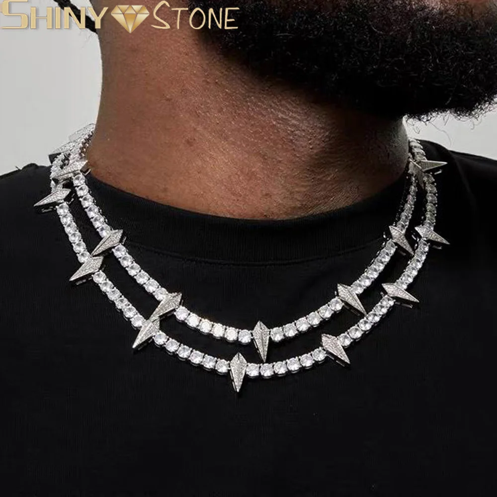 New Iced Out Spike Pendant Necklace 5mm Tennis Chain Bling