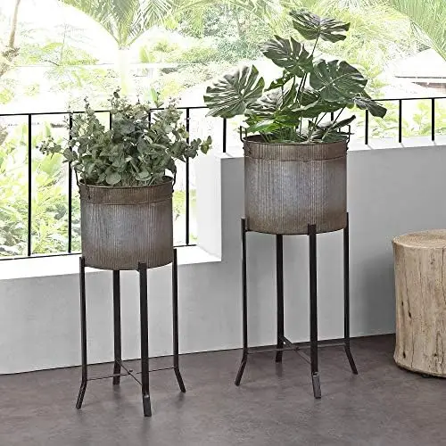 

& Co. Silver Farmhouse Trough Outdoor Planter 2-Piece Set, Indoor or Outdoor Raised Flower Pot for Garden, , Balcony, Round,