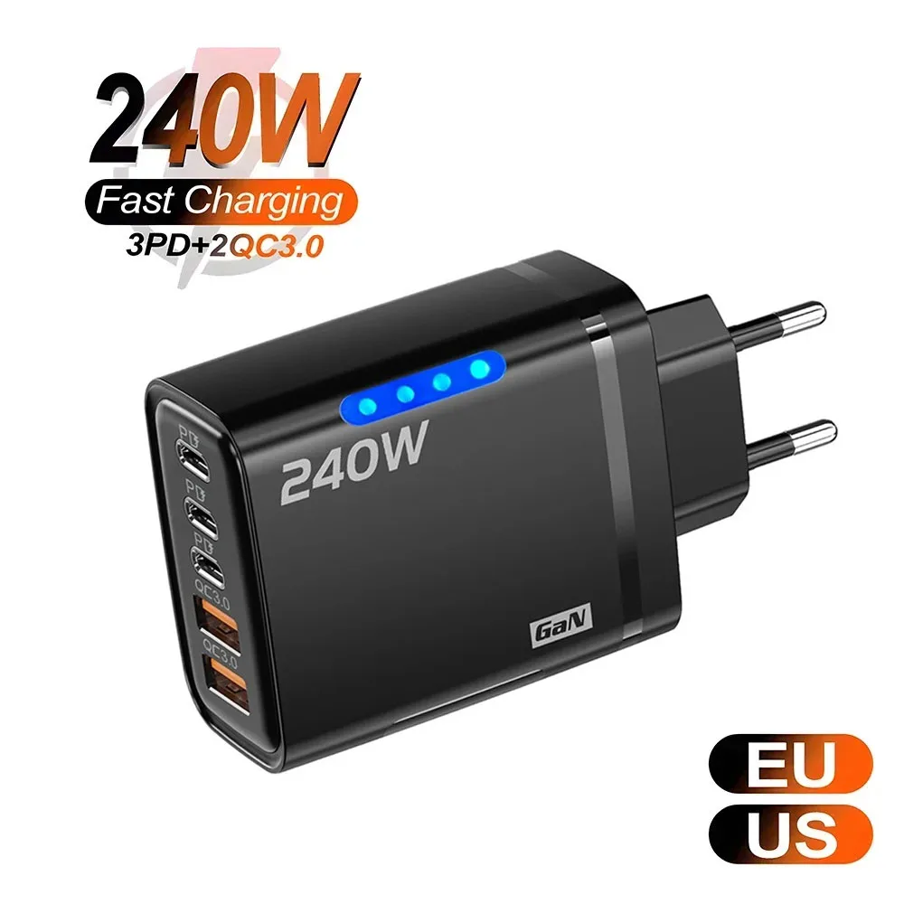 240W GaN USB C chargeur 5 en 1 charge rapide chargeur de téléphone adaptateur secteur pour iPhone Samsung Xiaomi Type C ue/US prise chargeur mural