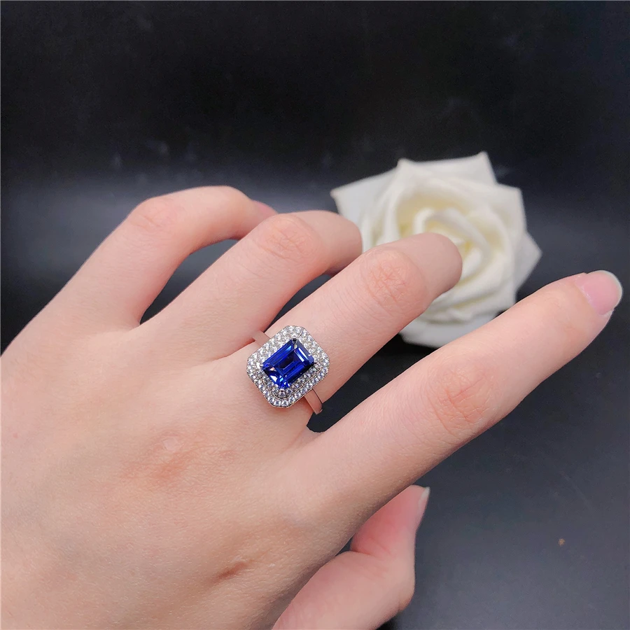 Genuine 18K White Gold Rings Female 2CT Rectangle Sapphire Diamond Wedding Rings For Women Beautiful Birthday Jewelry 2