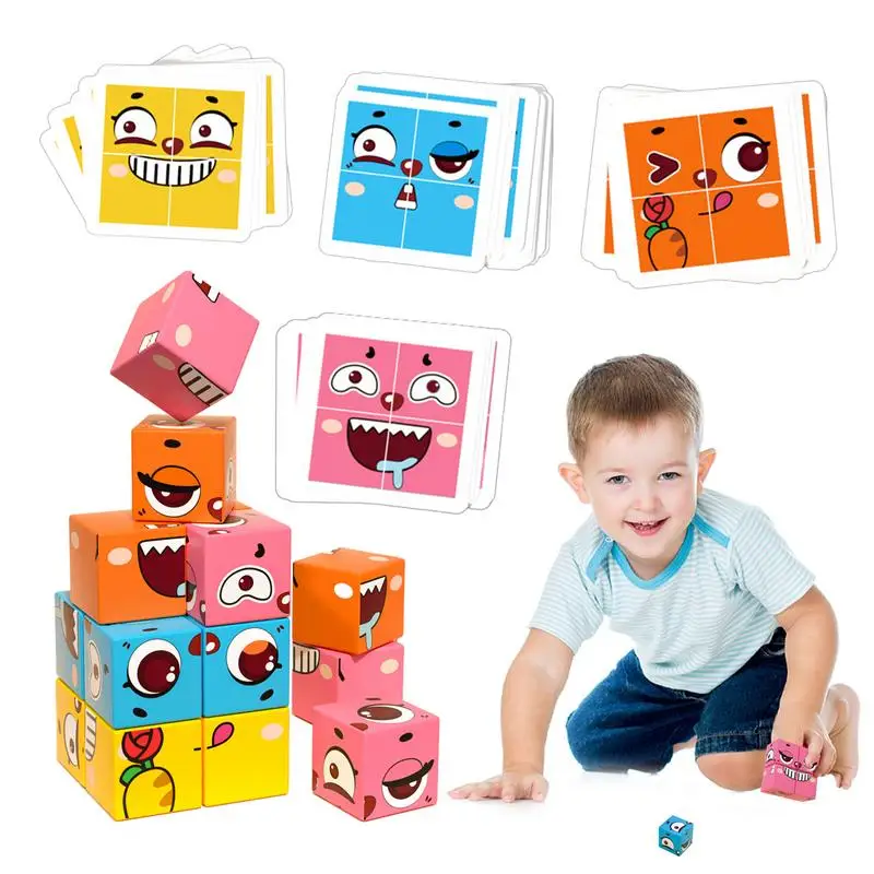 

Kids Face Change Expression Puzzle Building Blocks Board Game Wood Puzzle Children Cube Games Early Learning Montessori Geometry