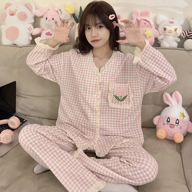 

Пижама REBEYULI для женщин, модное повседневное нижнее белье на весну и осень, Симпатичные пижамные комплекты из 2 предметов с вафельным длинным рукавом в клетку