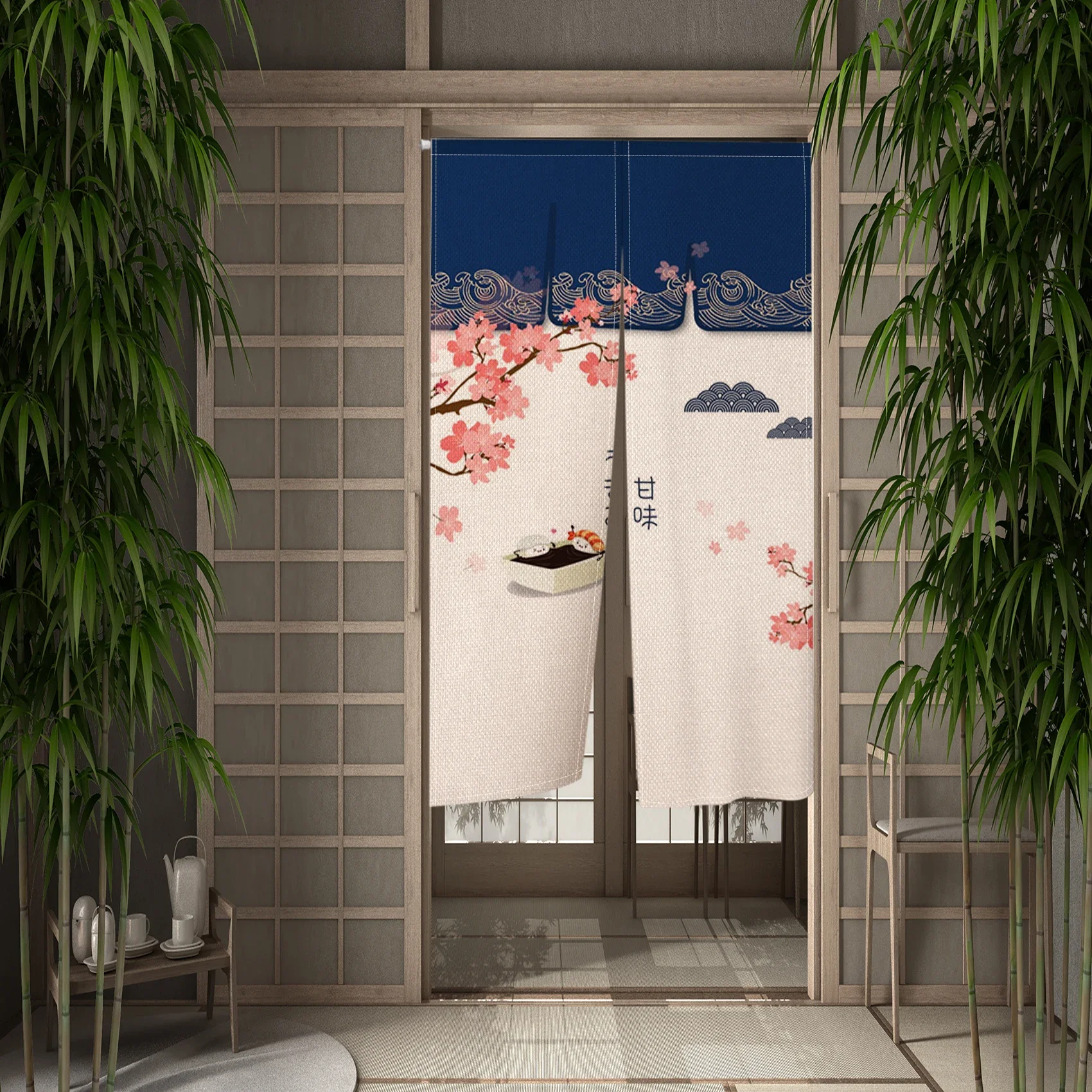 Japanese Cherry Blossom Carp Streamer Corrugated Linen Door Curtain Restaurant Kitchen Partition Customizable Blackout Curtain 3