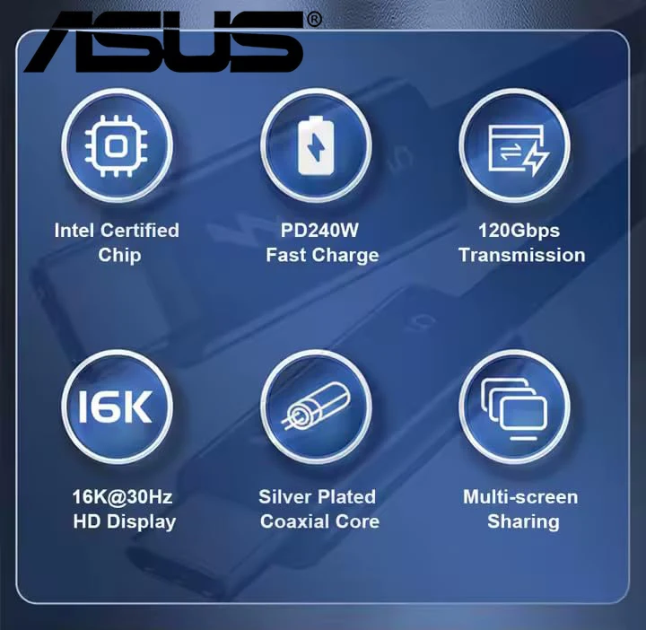 ASUS PD240W 고속 충전 썬더볼트 5 USB 타입 C 케이블 80Gbps 데이터 전송 16K/8K 비디오 아이폰 16 17 맥북 프로용