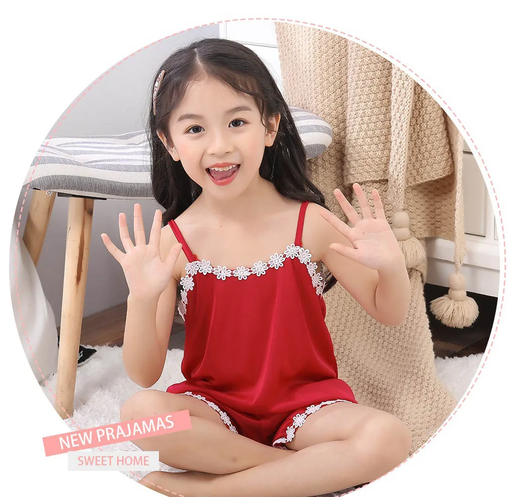 Girls Pajamas Sets Summer Children Satin Pajamas Kids Homewear Lace Vest+Short 2pcs Clothes Girls Nightwear Kid Silk Pyjamas pajama sets affordable	