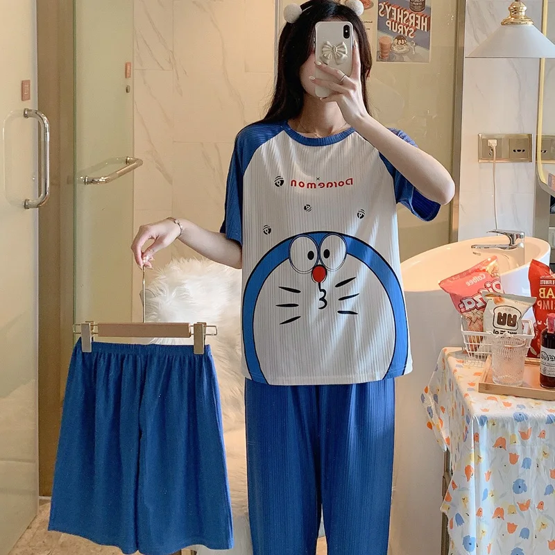 

3Pcs Shorts and Pants Pajamas Set Women 2021 Casual Loose Short Sleeve Top Shorts Pants Trousers Sleepwear Outside Pajamas Sets