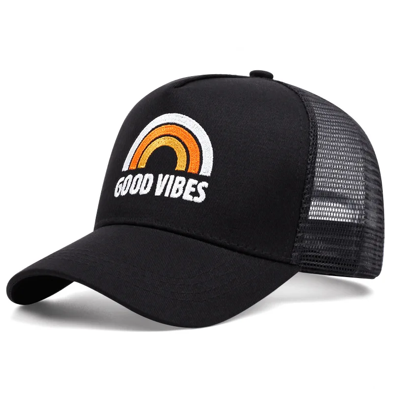New GOOD VIBES Rainbow Embroidery Baseball Hat Men Women Hip Hop Snapback Trucker Cap Outdoor Mesh Breathable Sunscreen Hats 4