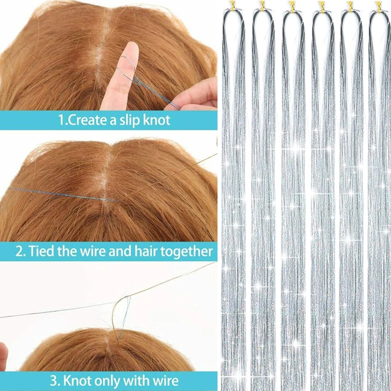 Synthetic 6PCS Sparkle Shiny Tinsel Hair Extensions Colored Long Straight Tinsel Kit 1200 strands Hairpiece for Girls Party Use