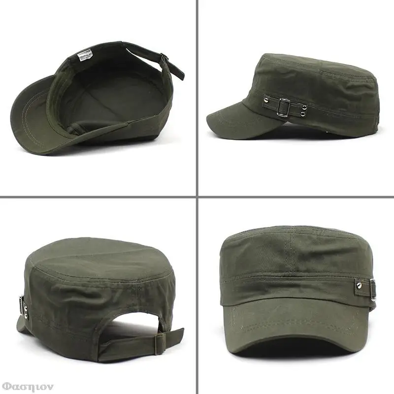 Military Style Cadet Army Cap Men Women Pure Color Washed Cotton Flat Top Cap Summer Autumn Adjustable Visor Hat