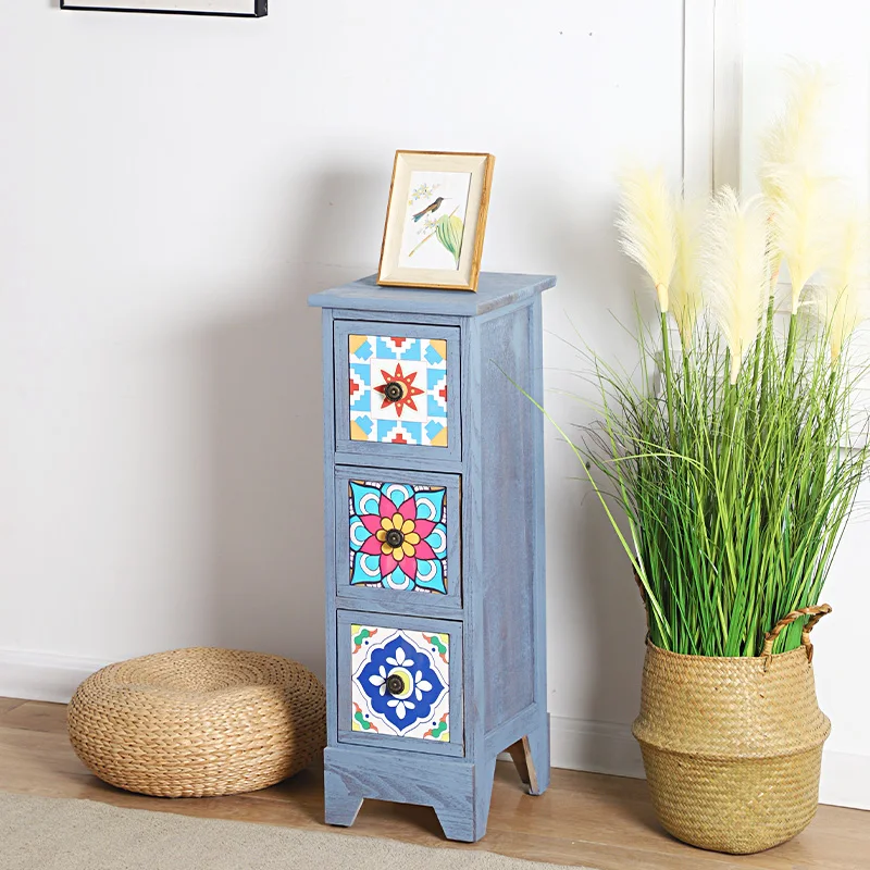 Solid Wood Retro Multi-layer Drawer Type Storage Cabinet Free Installation of Narrow Cabinets Home Simple Sofa Side Cabinet