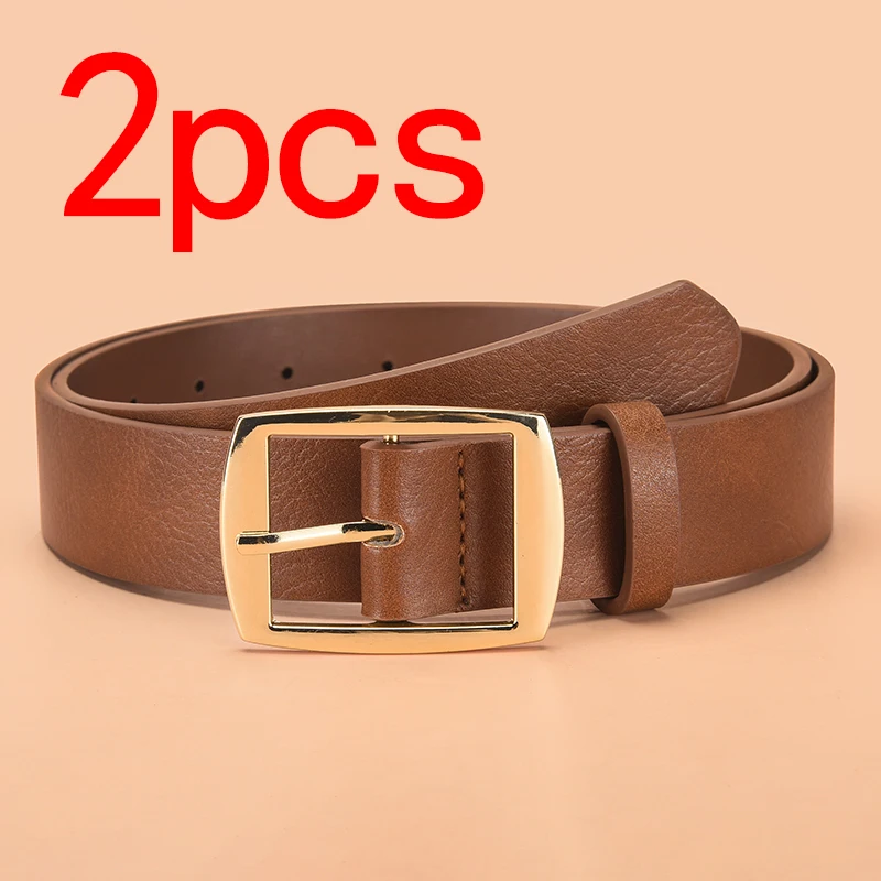 2pcs  Men's Belt, Gold Alloy Buckle Waist Belt, Fashionable, Atmospheric, Simple, Casual Style Jeans Decorative Waist Belt