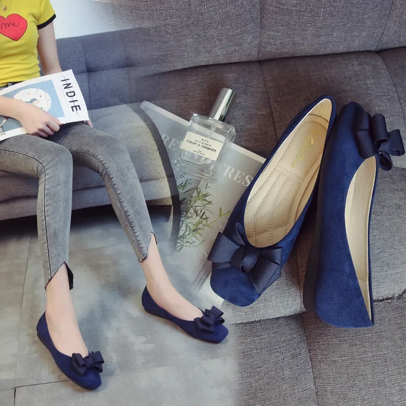 Flat Shoes Women's Fashion Butterfly-knot Square Toe Party Leather Ballet Big Size 43 Shallow Ladies Loafers Black Blue New