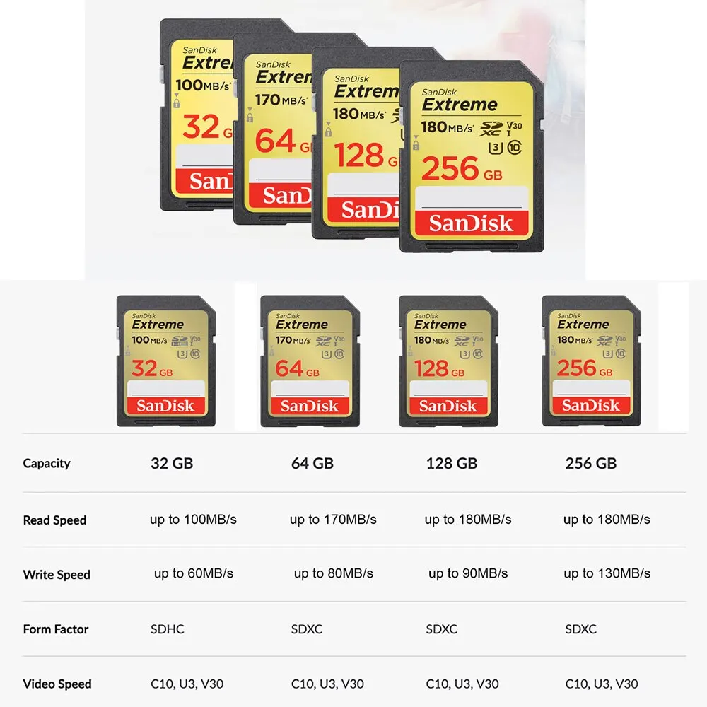 샌 디스크 익스트림 SD 카드 32GB 64GB 128GB 256GB 메모리 카드 SDXC UHS-I 카드 클래스 10 C10 U3 V30 UHS-I 플래시 카드 카메라