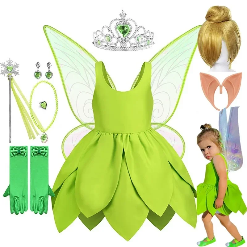 Halloween Tinker Bell Fairy Dress Baby Girl Fantasy Forest Elf Cosplay Costume Kids Green Leaf Glitter Gowns Child xtmas Outfits