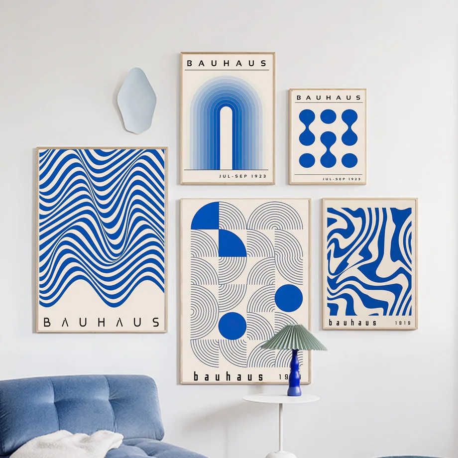 ミッドセンチュリーモダンブルーバスーハウスキャンバスペインティング