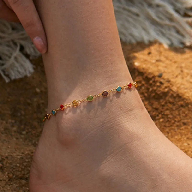 Gold Color Boho Rainbow Rhinestone Anklet for Women Summer Beach Beads Foot Chain Vocation Jewelry Gifts