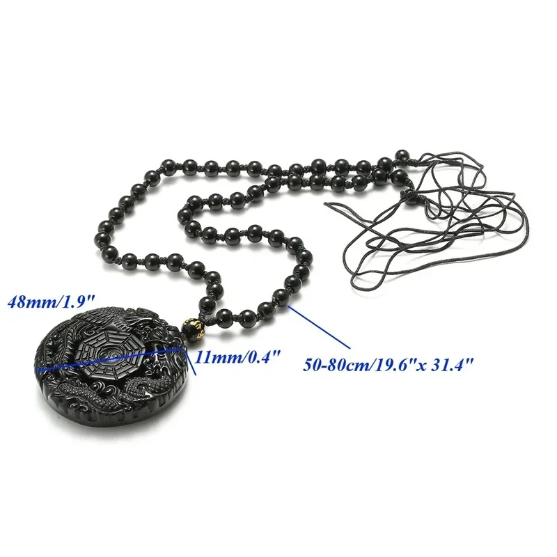 Natural Black Obsidian Dragon Phoenix Pendant Beads Necklace Fashion Charm Jewellery Hand-Carved Amulet Gifts for Her Women Men