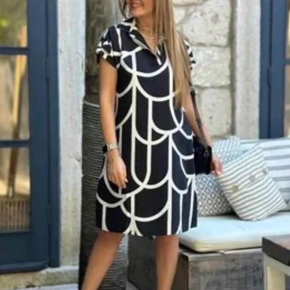 

Женское платье с коротким рукавом и отложным воротником, стильное летнее платье миди с ярким принтом и отложным воротником