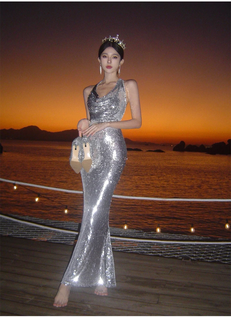 Sexy Bodycon Sequined Prom Robe V-neck Backless Sleeveless Evening Party Dress Wedding Slim Mermaid Long Dresses for Women New