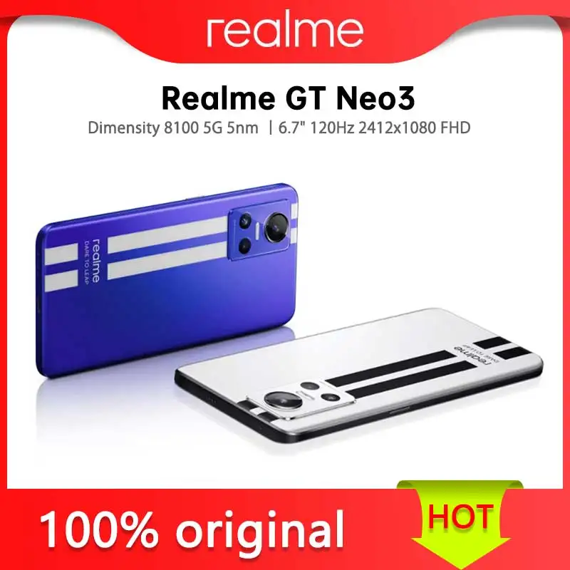 

Original realme GT Neo 3 Neo3 5G Mobile Phone 80/150W Super Charge Dimensity 8100 Octa Core 6.7"FHD+ 50MP IMX766 NFC Android 12