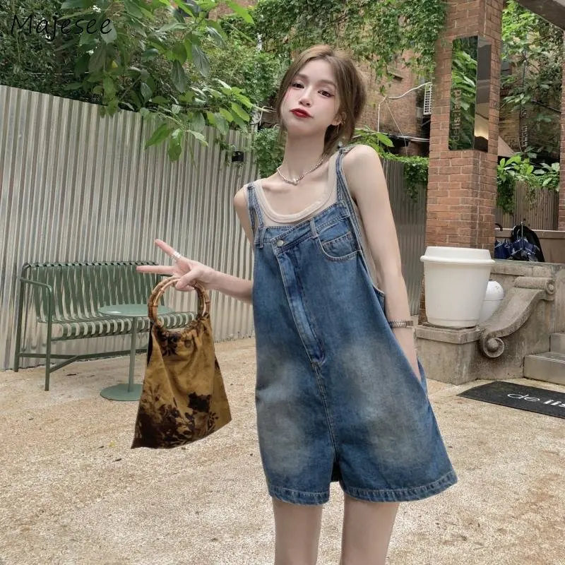 

Irregular Denim Blue Rompers Women Preppy Style Loose Chic Summer Washed Sweet Leisure Streetwear Ulzzang Gentle Retro Overalls