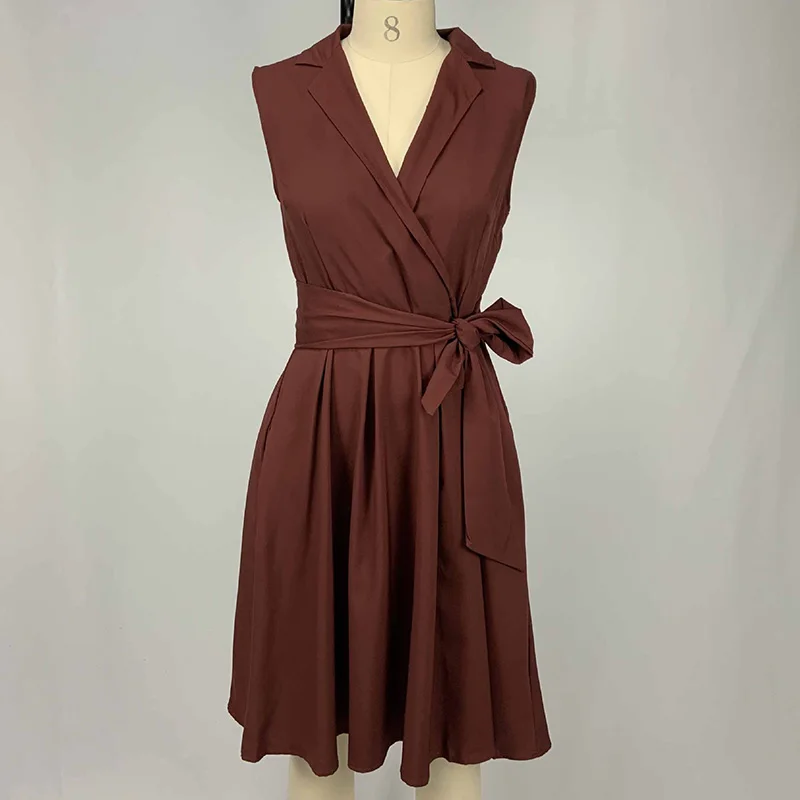 Summer Clothes for Women Polo-Neck Solid Lacing A-line Skirt Fashion Splice Pockets Sleeveless High Waist Plus Size Midi Dress