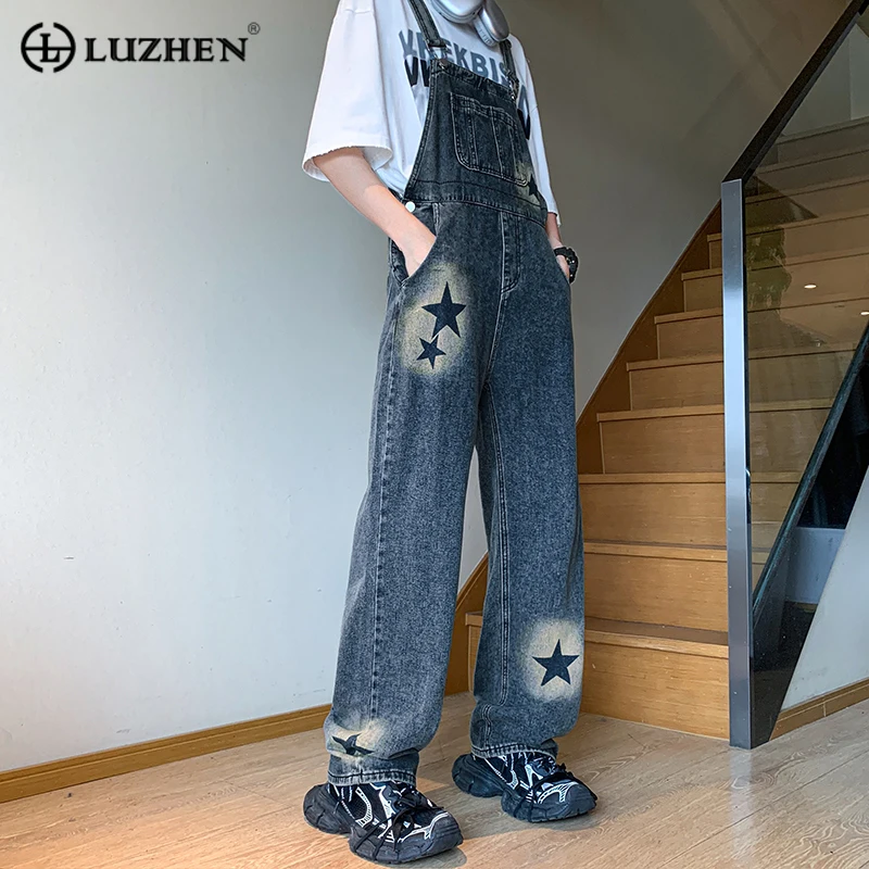 

LUZHEN Spliced Washed Denim Strap Pants Men High Street Dyed Fashion Printing Denim Pants Summer Tide Suspender Trousers 70e11c