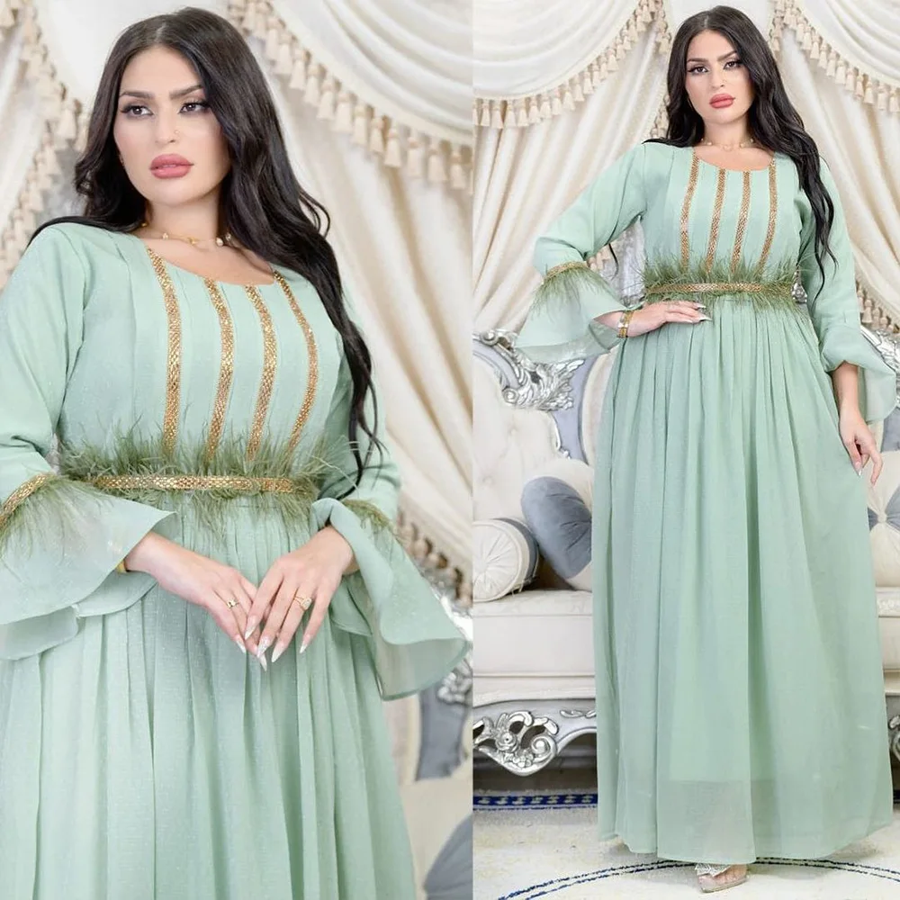 Morocco Muslim Party Dress Feather Diamond Chiffon Abaya Dubai Jalabiya for Women Elegant Modest African Islam Clothing Kaftan