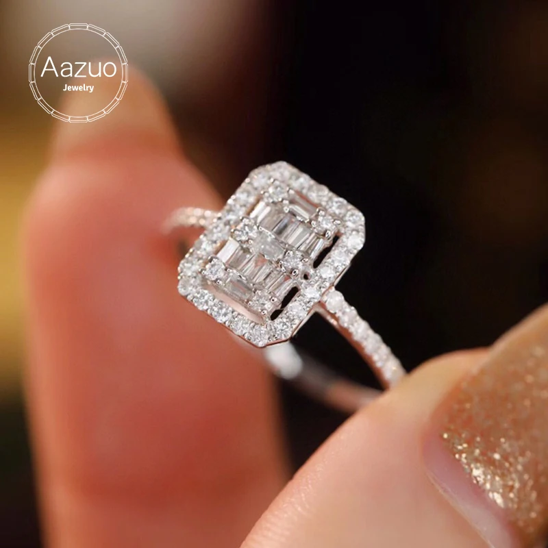 Aazuo 18K Pure White Gold Real Diamond 0.50ct H SI Luxuly Square Shape Ring Gift For Women Luxury Engagement Halo anillos mujer