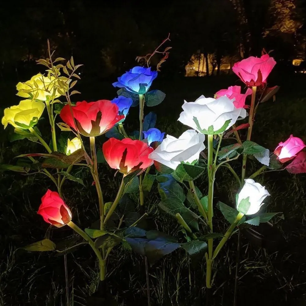 1PC Solar 3 Heads Rose Lights,Outdoor Artificial Flower LED Garden Lamp,Waterproof Landscape Stake Light,Patio Yard Home Decor