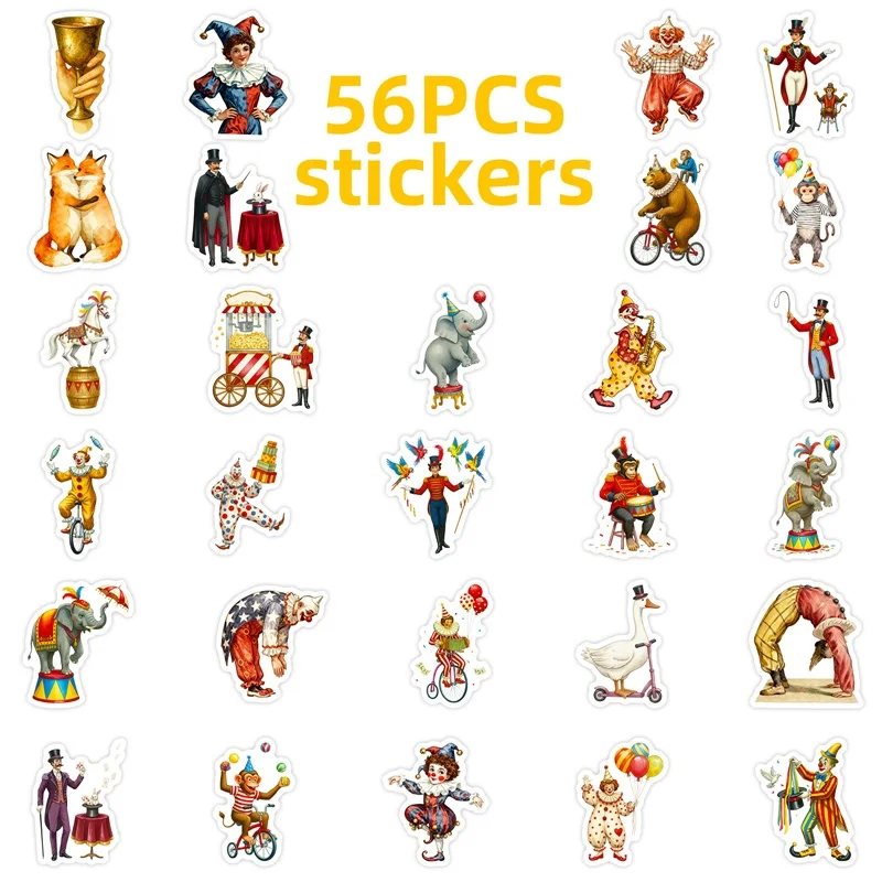 56개 레트로 서커스 PVC 스티커, 미적 감각의 컬러 DIY 장식, 휴대폰, 노트북, 여행 가방, 스케이트보드 그래피티 데칼