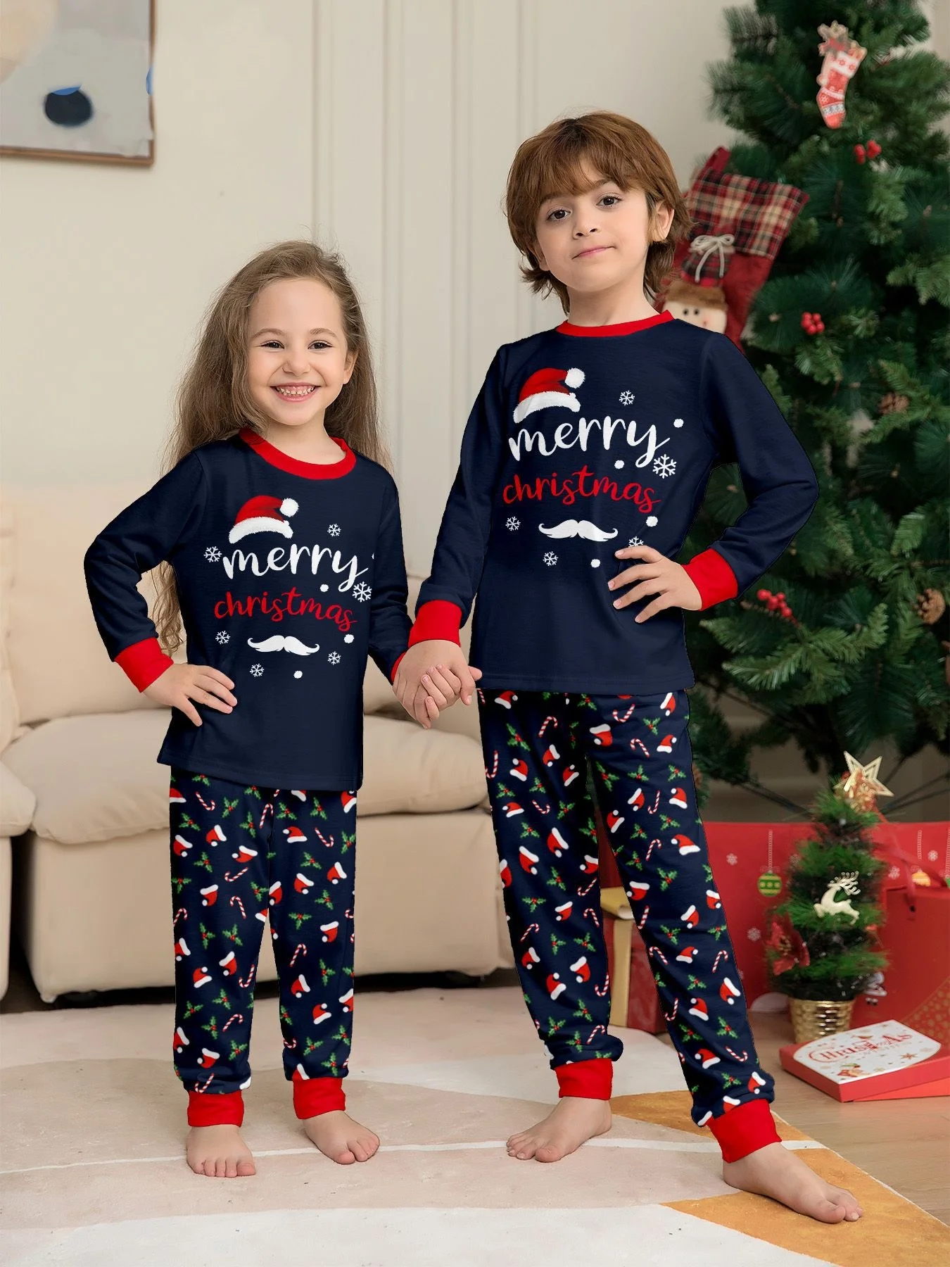 Christmas Family Matching Outfits Mother Father Kids Pajamas Set Santa Hat Print Loose Xmas Sleepwear Baby Romper Dog Clothes 5