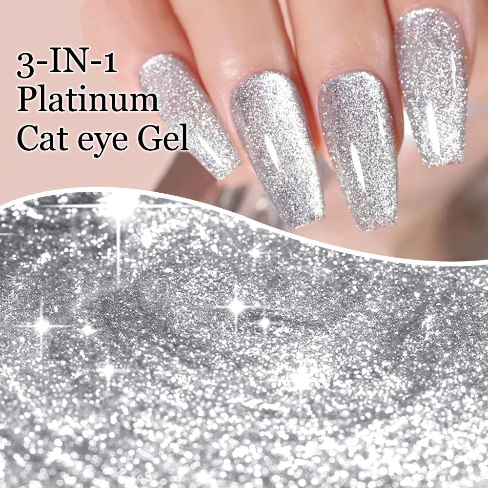 CHUNSHU 3in1 Sparkle Reflective Cat Magnetic Gel Nail Polish 10ml Platinum Sliver-light Shine Cat Eye Glitter Nail Gel Varnish 5