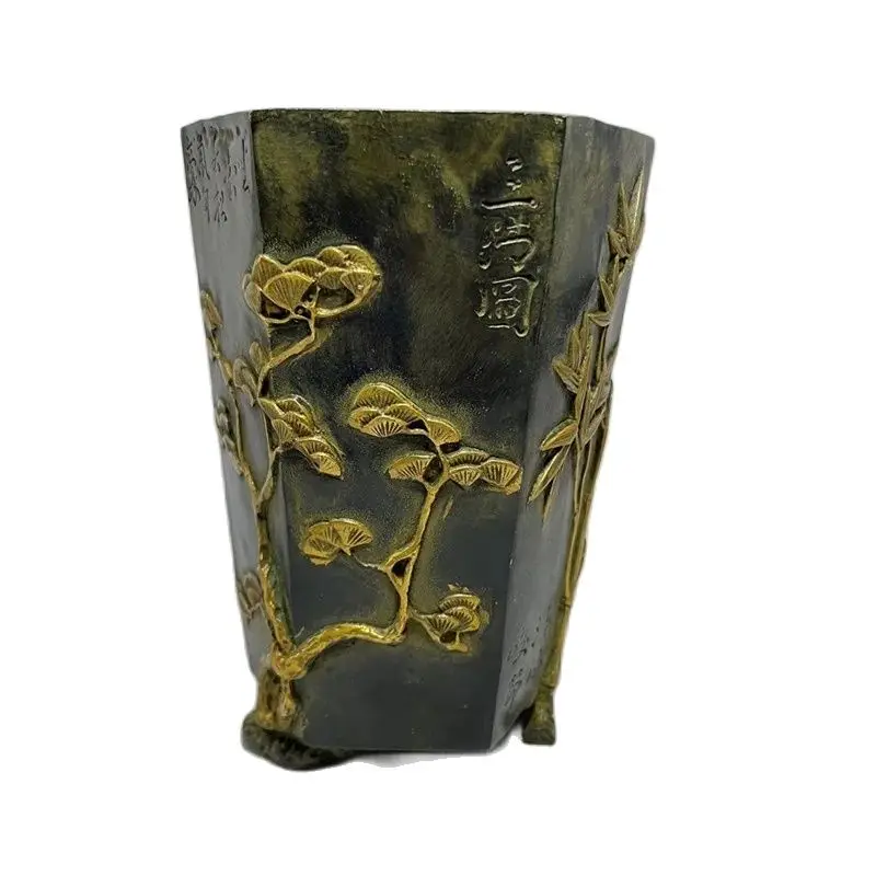 

Ранняя китайская коллекция позолоченного держателя для ручек, бамбуковый органайзер для ручек с изображением сливы, орхидеи, хризантемы