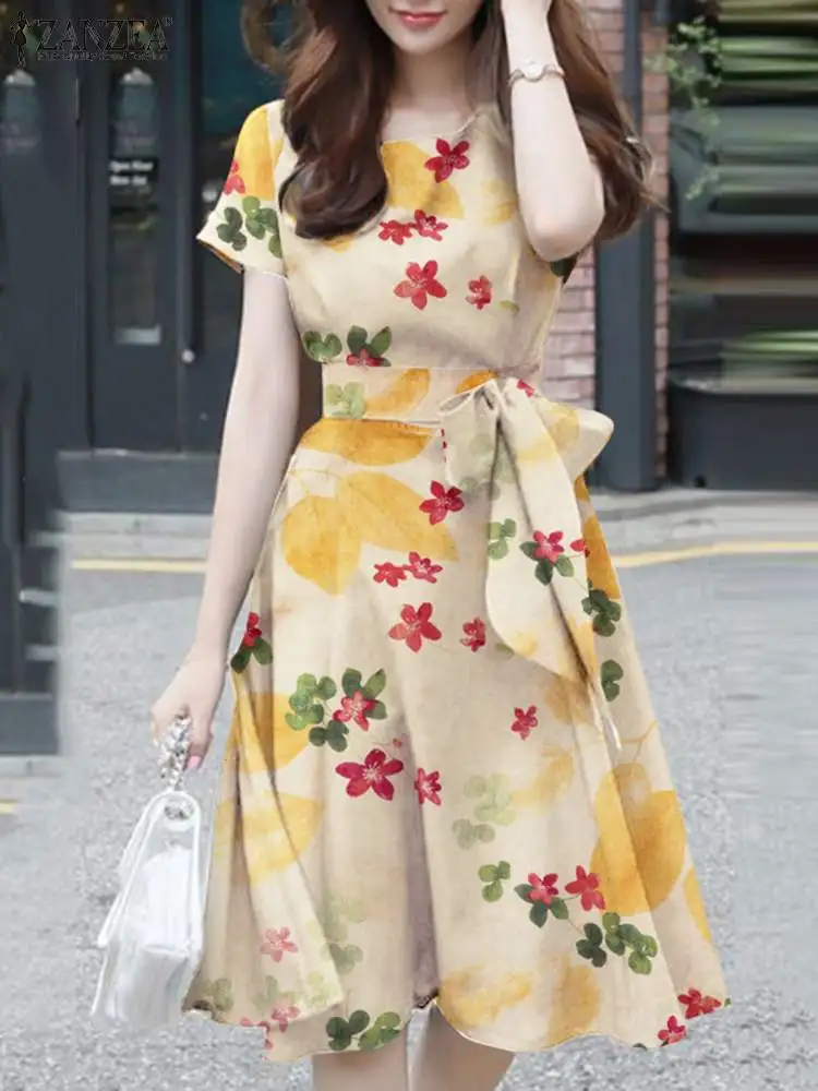 

Summer Bohemian Sundress 2023 ZANZEA Women Vintage Beach Holiday Knee-length Sundress Floral Printed Short Sleeve A-line Vestido