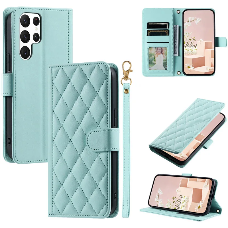 Checkered Leather Wallet Case For Samsung Galaxy S25 S24 S23 S22 S21 S20 FE S10 Note 20 Ultra 10 Plus 9 8 Lanyard Flip Phone Cover_voghion.com