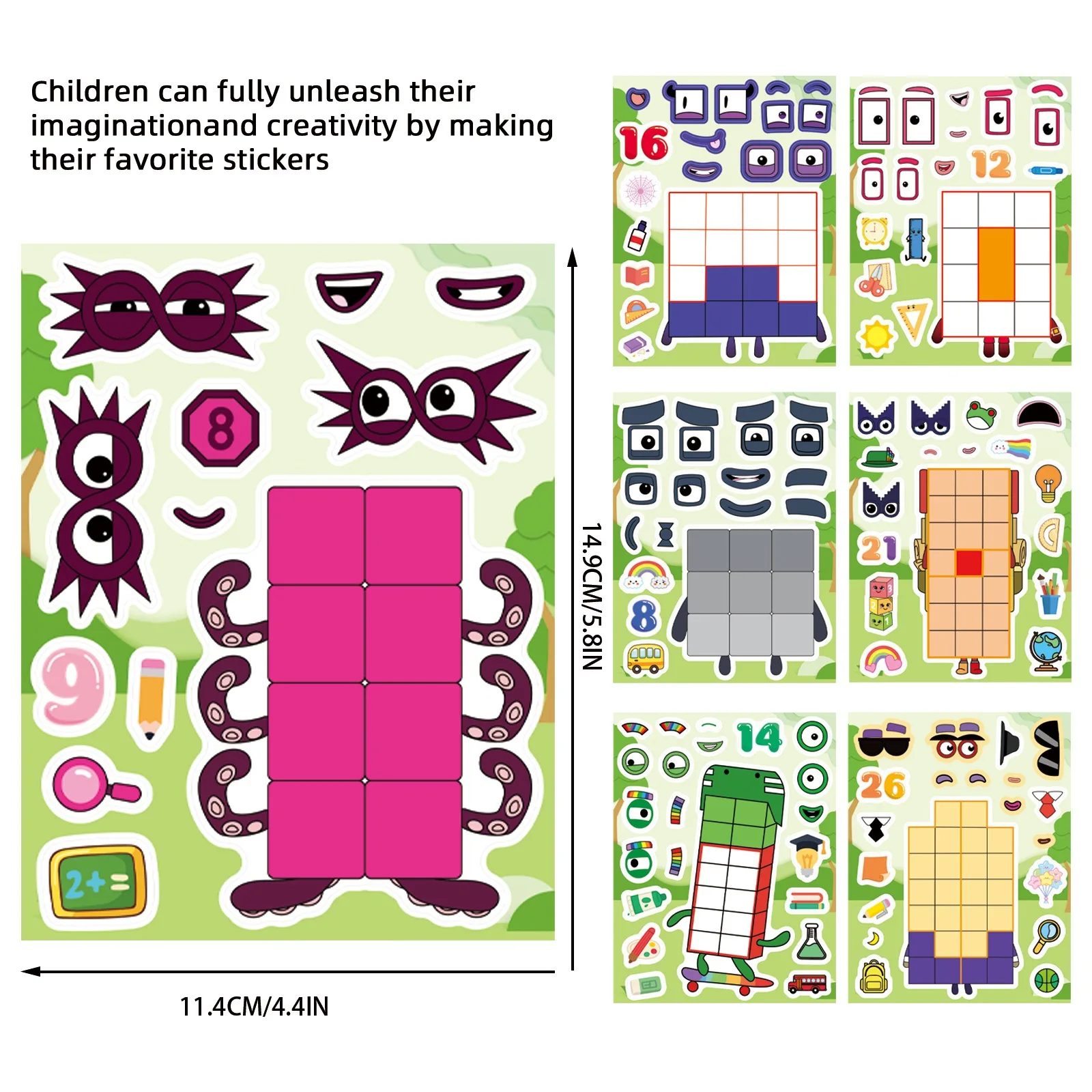 8/16 Fogli di Adesivi Puzzle con Numeri e Personaggi Cartoon, Decorazioni Impermeabili per Quaderni, Cancelleria, Valigie, Frigoriferi, Fai-da-Te - immagine 3