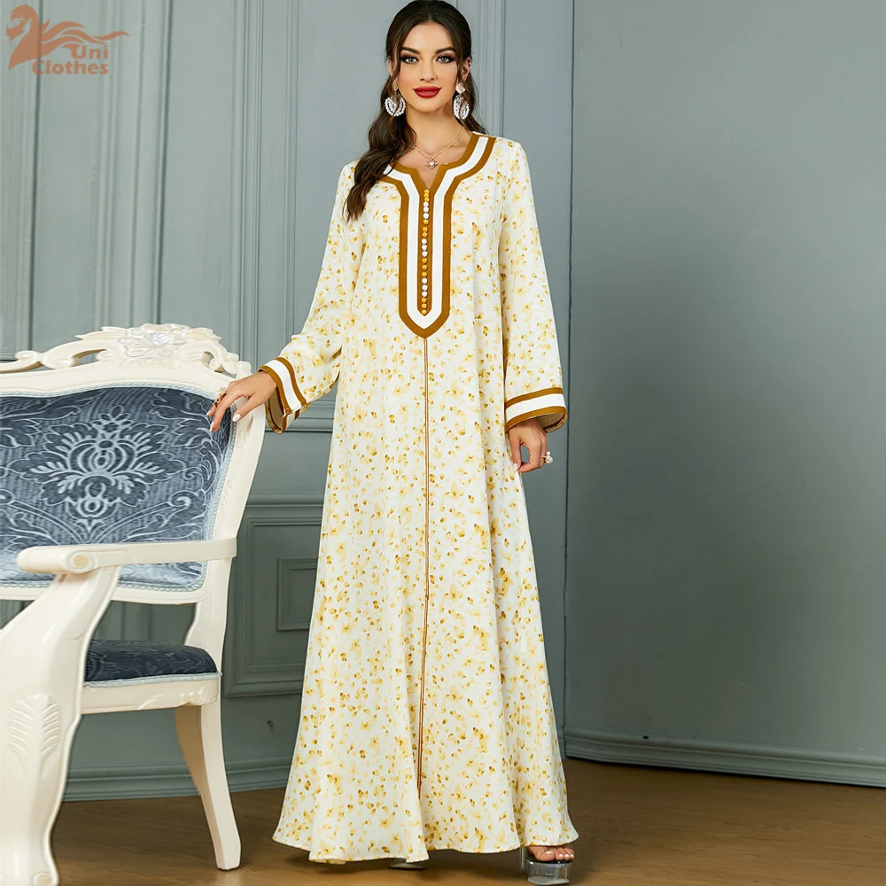 Uni Fashion Arabic Robe Jalabiya Notched V-Neck Floral Dress For Muslim Woman Dubai Moroccan Elegant Casual Loose Abayas