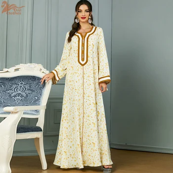 Uni Fashion Arabic Robe Jalabiya Notched V-Neck Floral Dress For Muslim Woman Dubai Moroccan Elegant Casual Loose Abayas