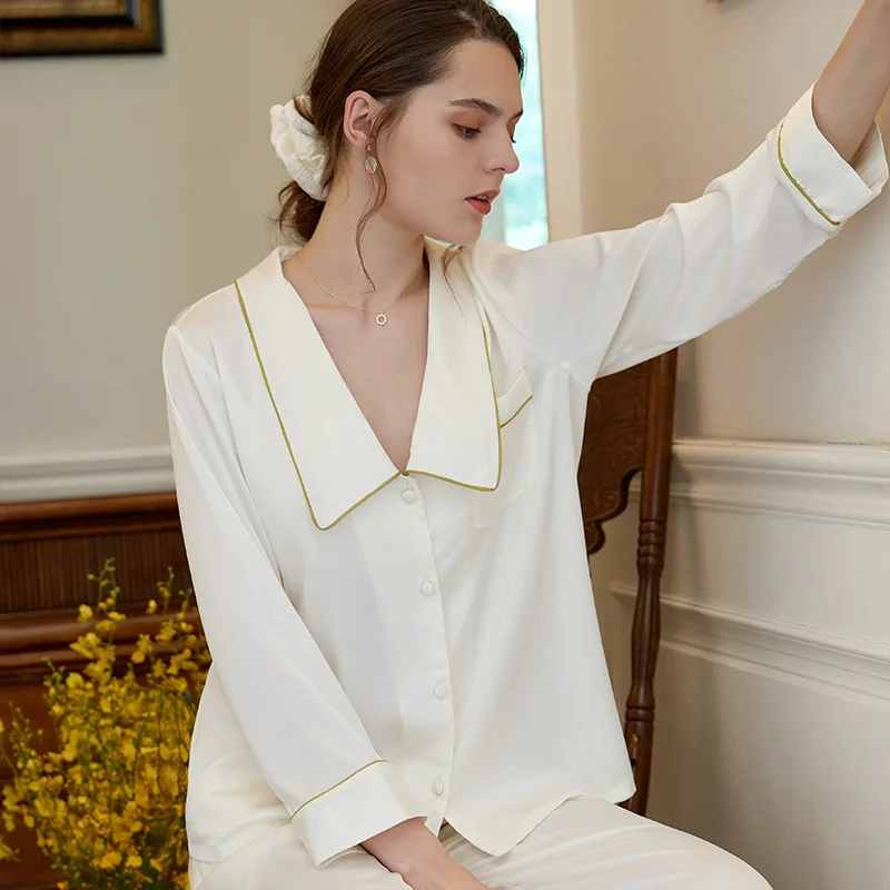 SXTHAENOO Solid Color Women's Long Sleeve Pants Sleepwear Two Piece Pajamas Set Lounge Lapel Nightwear Sets Button Nightwear