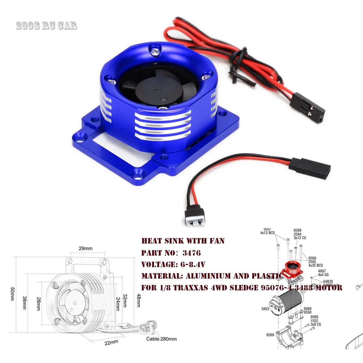 

Aluminium and Plastic 3476 Cooling Fan Kit Fits 3483 Motor For TRAXXAS 1/8 SLEDGE 4WD Off-Load Rc Truck 95076-4