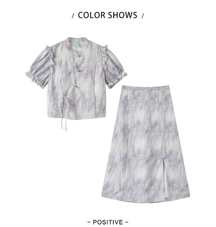 Traje de marca compartida para mujer, top corto ajustado, falda larga abierta, conjunto de ropa Guo Feng de verano de dos piezas