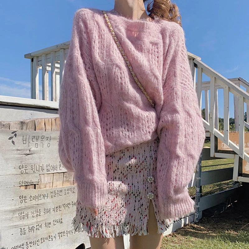 

DAYIFUN Solid Hollow Knitted Pullovers Women's Spring Outer Wear Loose Lazy Style Sweaters Sweet Thin Tops Autumn O-neck Jumpers