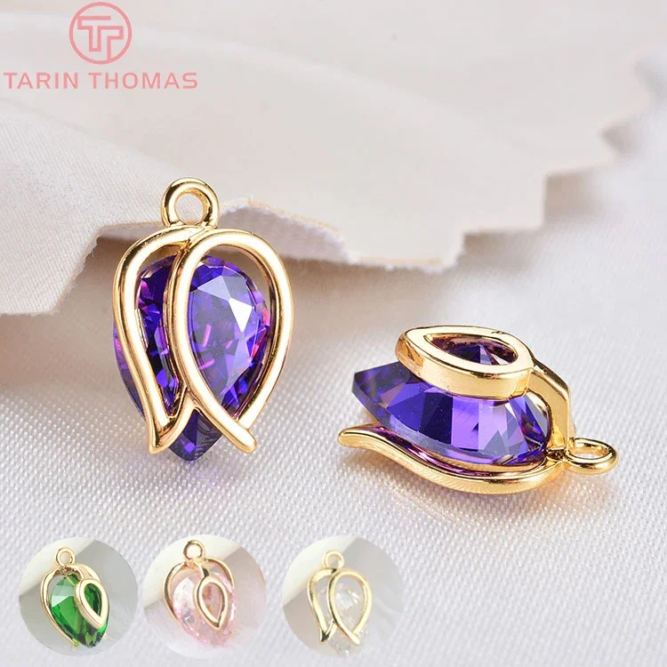 

(858)4PCS 12x8MM 24K Gold Color Plated with Purple Zircon Hollow Flower Charm Pendants for Jewelry Making Findings Accessories